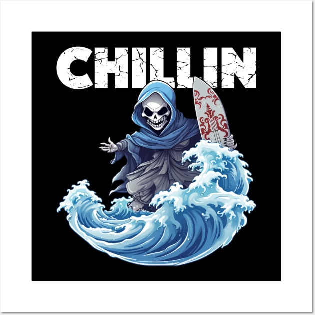 Skeleton Surfer - Chillin (White Lettering) Wall Art by VelvetRoom